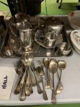 A STAINLESS STEEL TEASET TO INCLUDE A TEAPOT, COFFEE POT, HOT WATER POT, CREAM JUG, SUGAR BOWL,