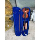 A VIOLIN WITH BOW AND CARRY CASE AND TWO HARMONICAS