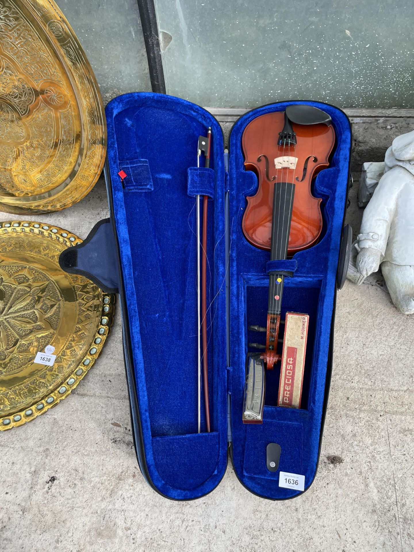 A VIOLIN WITH BOW AND CARRY CASE AND TWO HARMONICAS