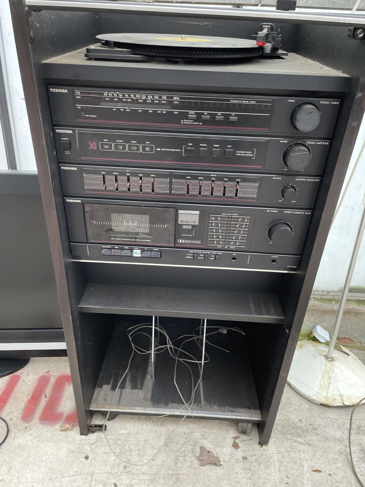 A RECORD CABINET WITH AN ASSORTMENT OF TOSHIBA STEREO ITEMS TO INCLUDE A CASSETTE DECK, RECORD - Image 2 of 3