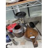 AN ASSORTMENT OF VINTAGE ITEMS TO INCLUDE A TRIVET STAND, BELLOWS AND A CAST IRON KETTLE ETC