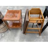 A MODERN HIGH CHAIR, BED TABLE AND YEW WOOD LAMP TABLE