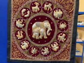 A THAI KALAGA, BELIEVED SILK, ELEPHANT WALL TAPESTRY WITH BEAD AND EMBROIDERY