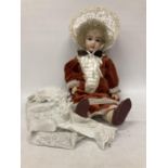 A VINTAGE FRENCH BISQUE COLLECTOR'S DOLL IN FULL PERIOD DRESS WITH ARTICULATED LIMBS - 67 CM