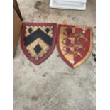 TWO WOODEN HAND PAINTED SHIELD SIGNS