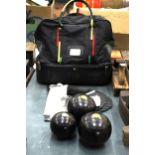 A PAIR OF GREENMASTER BOWLS, A JACK, ACCESSORIES AND A BOWLING BAG