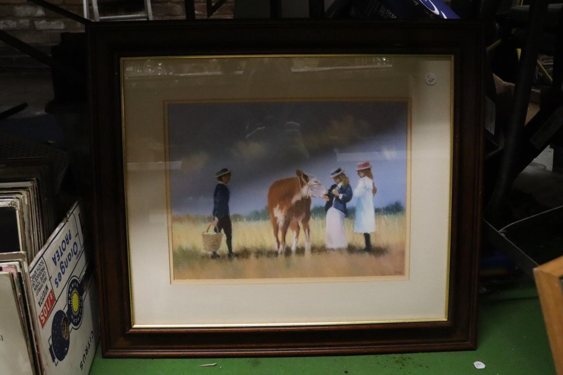 THREE FRAMED PRINTS TO INCLUDE A CALF WITH YOUNG GIRLS, A LAKE AND MOUNTAINS, ETC - Image 4 of 6