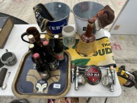 AN ASSORTMENT OF BREWERY ITEMS TO INCLUDE TRAYS, ICE BUCKETS AND BEER TAPS ETC