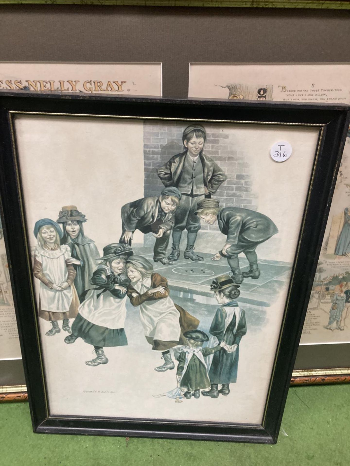 TWO FRAMED PRINTS ONE OF VICTORIAN CHILDREN PLAYING MARBLES AND ONE A COMIC STYLE FAITHLESS NELLY - Image 2 of 3