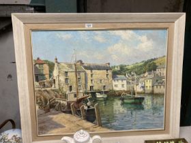 A LARGE FRAMED OIL ON CANVAS OF A FISHING HARBOUR SIGNED F G TROTT 91CM X 76CM