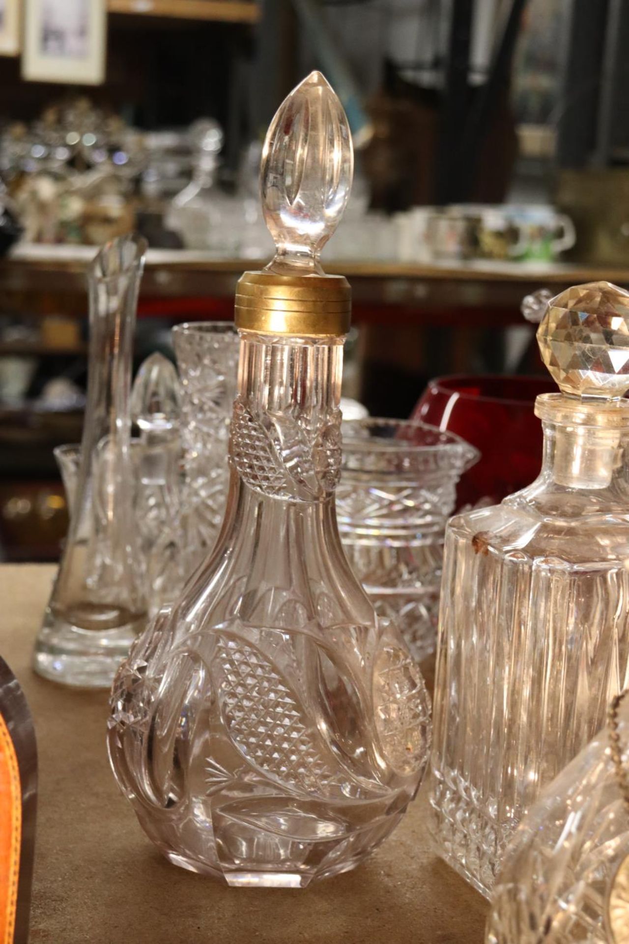 FOUR CUT GLASS DECANTERS ONE WITH A WHISKEY DECANTER LABEL - Image 3 of 4