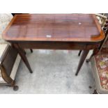 A 19TH CENTURY MAHOGANY AND CROSSBANDED FOLD OVER TEA RABLE ON TAPERING LEGS