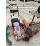 AN ELECTRIC RYNO LAWN MOWER, A FLYMO LEAF VAC AND AN ELECTRIC GRASS STRIMMER