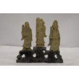 AN ORIENTAL CARVING OF THREE ELDERS ON A PLINTH, HEIGHT 21CM, WIDTH 22CM