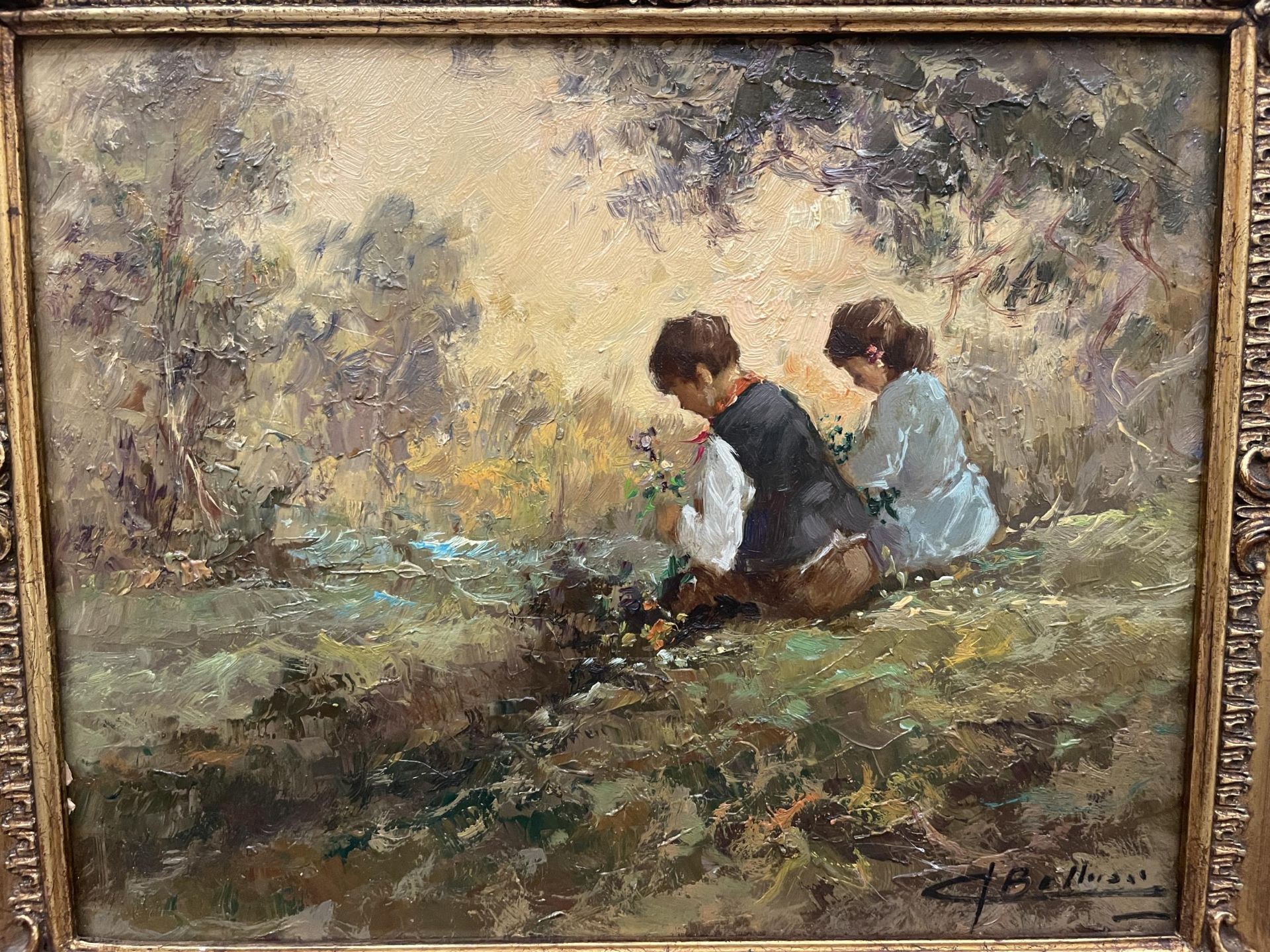 A GILT FRAMED OIL ON BOARD OF TWO CHILDREN BY A RIVER SIGNED 29.5CM X 23CM - Bild 2 aus 3