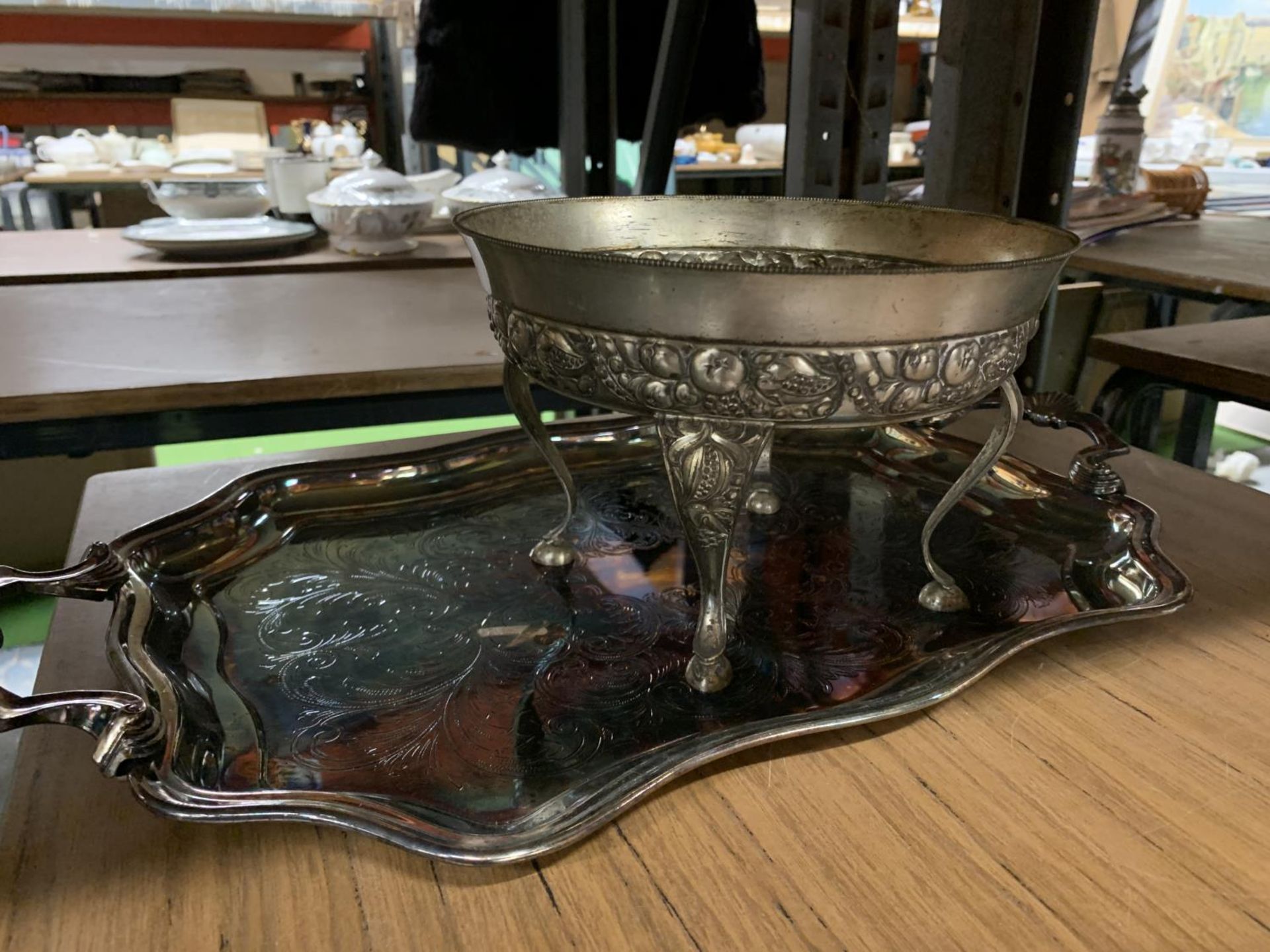 FOUR SILVER PLATED TRAYS, 2 GALLERIED PLUS TWO FOOTED BOWLS - Image 5 of 5