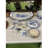 A QUANTITY OF VINTAGE BLUE AND WHITE POTTERY WITH DUTCH IMAGES TO INCLUDE DOULTON, NORFOLK, ETC