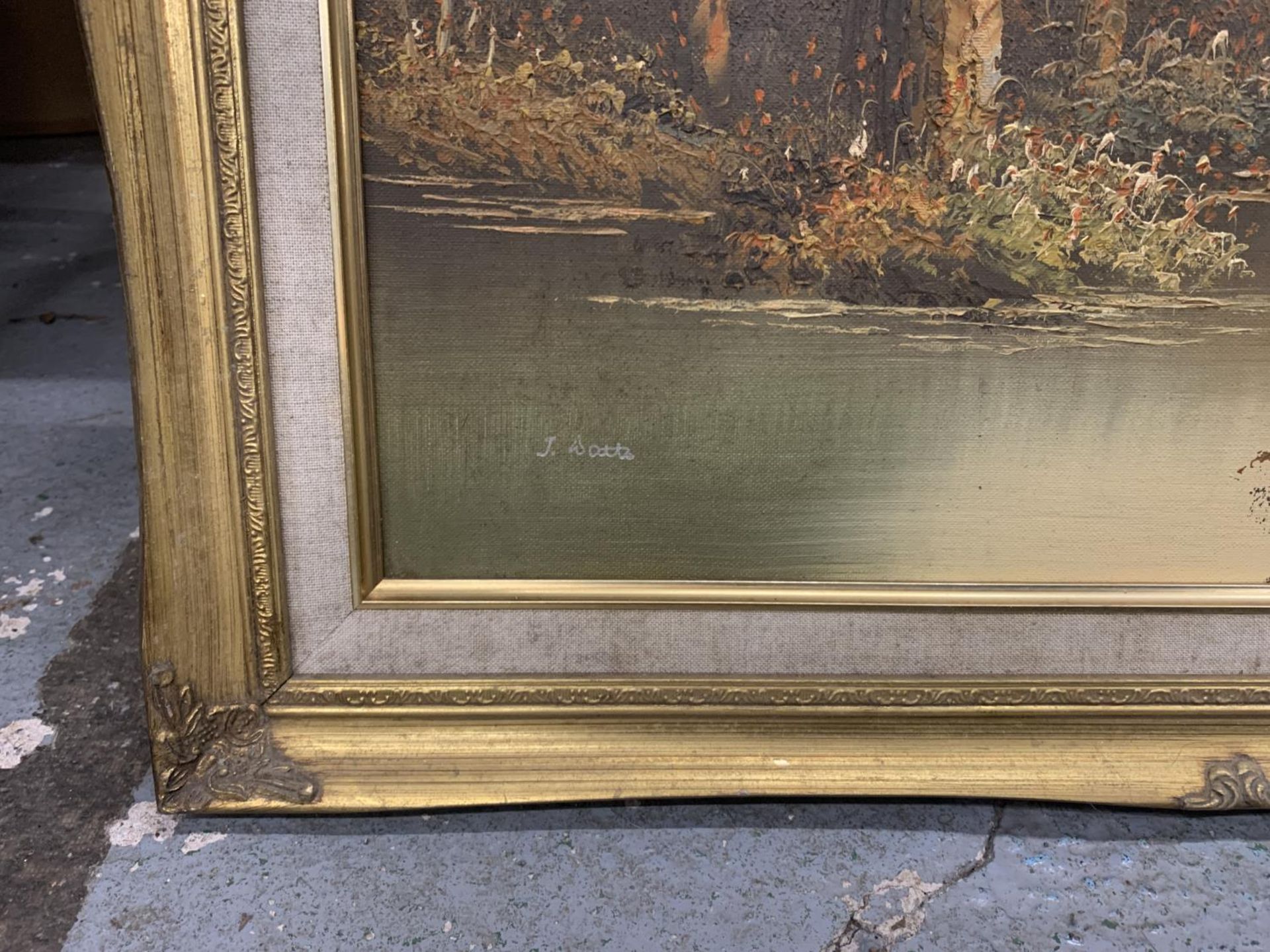 A GILT FRAMED OIL ON CANVAS OF A WOOD AND RIVER SCENE, 62CM X 52CM - Image 2 of 3
