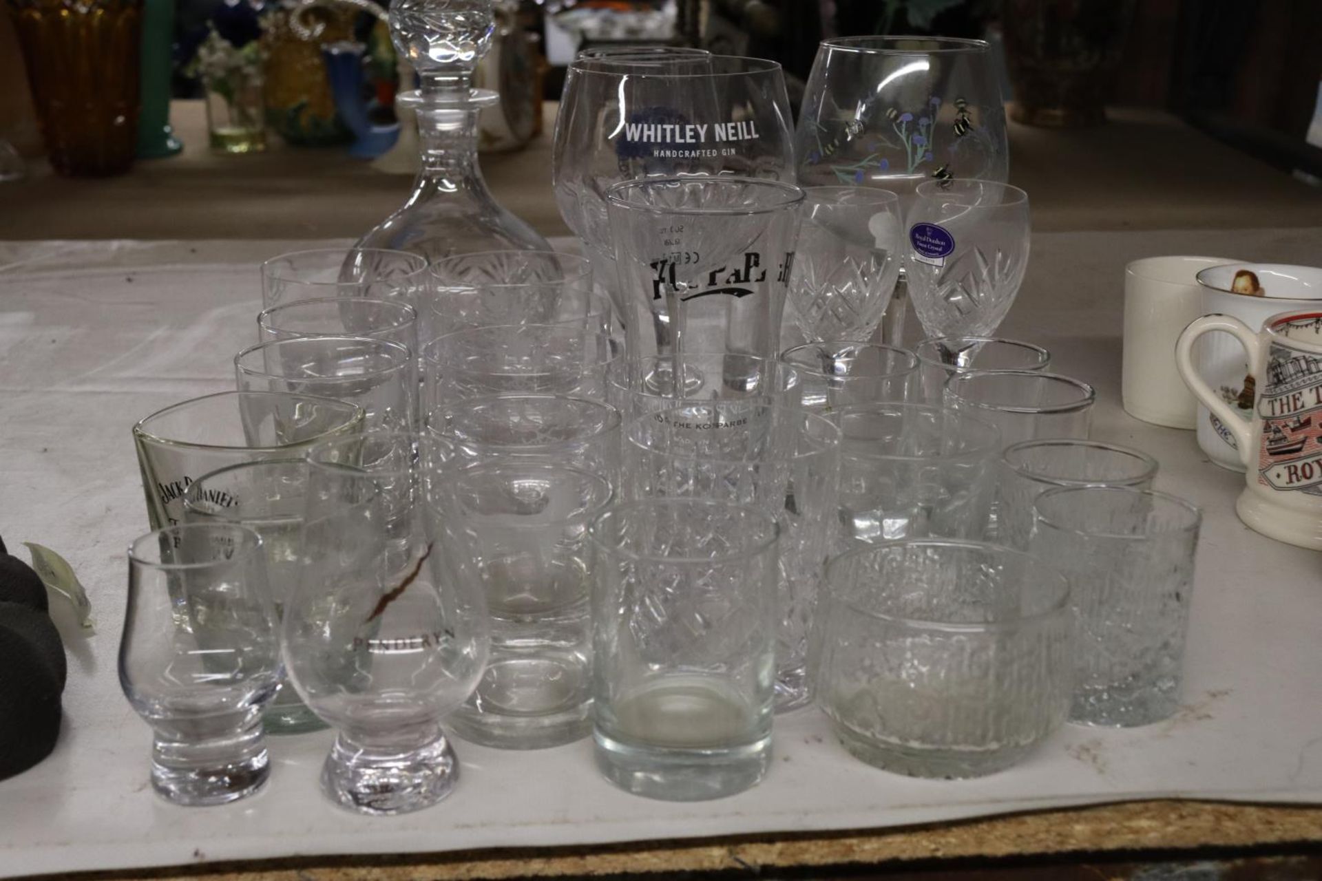 A QUANTITY OF VARIOUS GLASSWARE TO INCLUDE A DECANTER, GIN GLASSES, TUMBLERS ETC