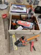 AN ASSORTMENT OF TOOLS TO INCLUDE A WOOD PLANE, A GAS COOKER AND HAMMERS ETC