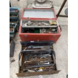 TWO TOOL BOXES WITH AN ASSORTMENT OF TOOLS TO INCLUDE CHISELS, SPANNERS AND A POT RIVOTER ETC