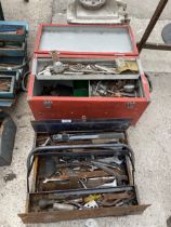 TWO TOOL BOXES WITH AN ASSORTMENT OF TOOLS TO INCLUDE CHISELS, SPANNERS AND A POT RIVOTER ETC