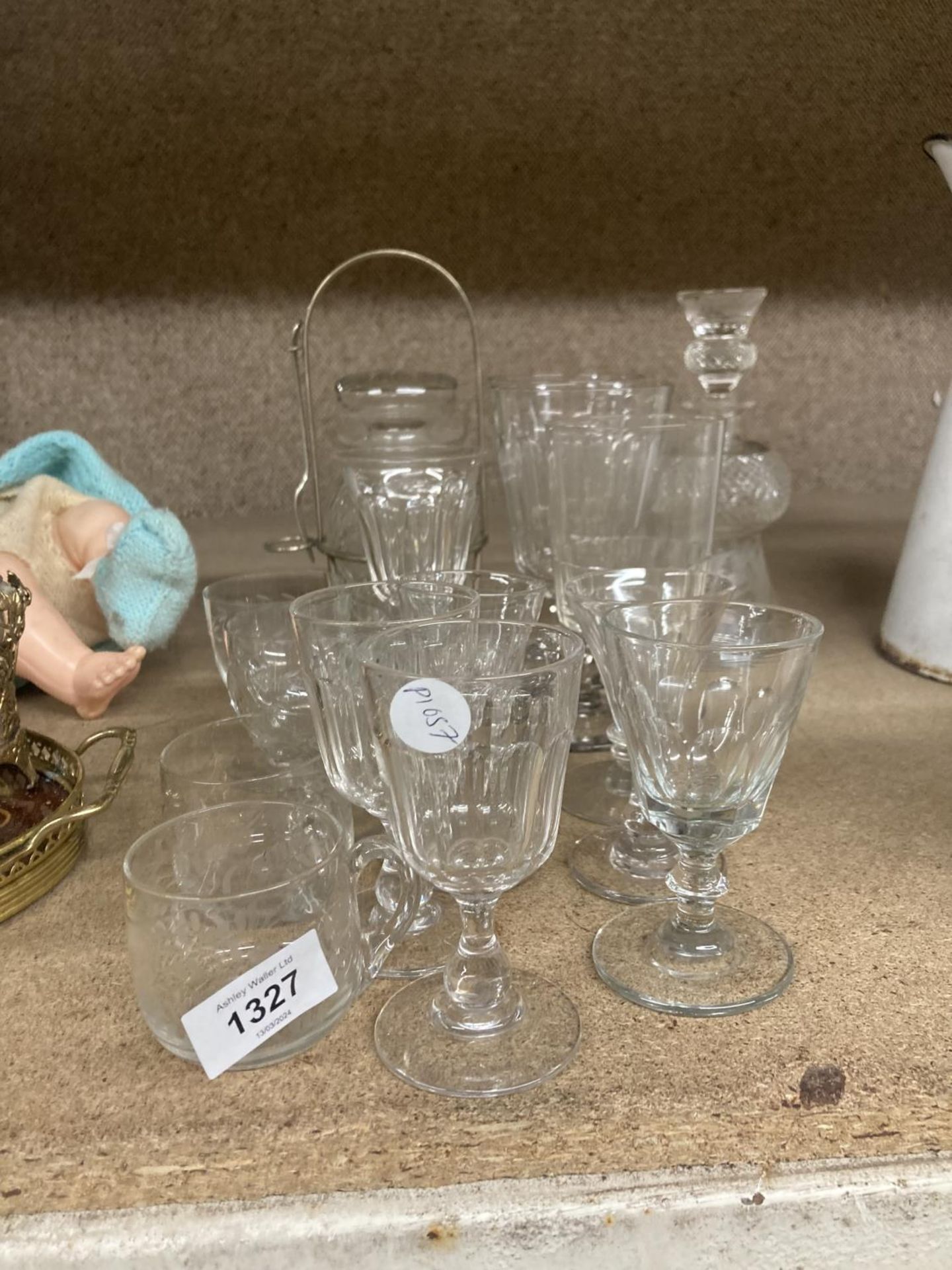 A QUANTITY OF GLASSWARE TO INC;LUDE A THISTLE DECANTER (A/F), GLASSES ETC