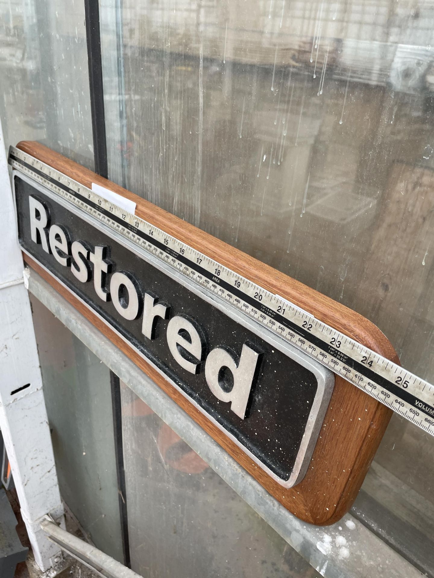 A METAL 'RESTORED' SIGN WITH WOODEN PLINTH BACKING - Bild 2 aus 2