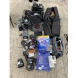 A LARGE ASSORTMENT OF PHOTOGRAPHY EQUIPMENT TO INCLUDE CAMERAS, BINOCULARS, CAMCORDERS AND