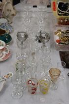 A QUANTITY OF GLASSES TO INCLUDE SHERRY, SHOT GLASSES, ETC