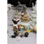 A MIXED LOT TO INCLUDE A ROYAL WORCESTER PIE FUNNEL, BRASS BULL, SILVERPLATE ROCKING HORSE, LILLIPUT