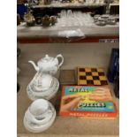 A MINTON HADDON HALL TEAPOT, CUPS, SAUCERS AND SIDE PLATES, A CHESS SET, ETC