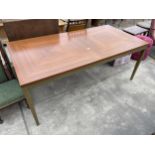 A MODERN DINING TABLE WITH ROSEWOOD EFFECT TOP ON METALWARE FRAME AND LEGS 71" X 35.5"
