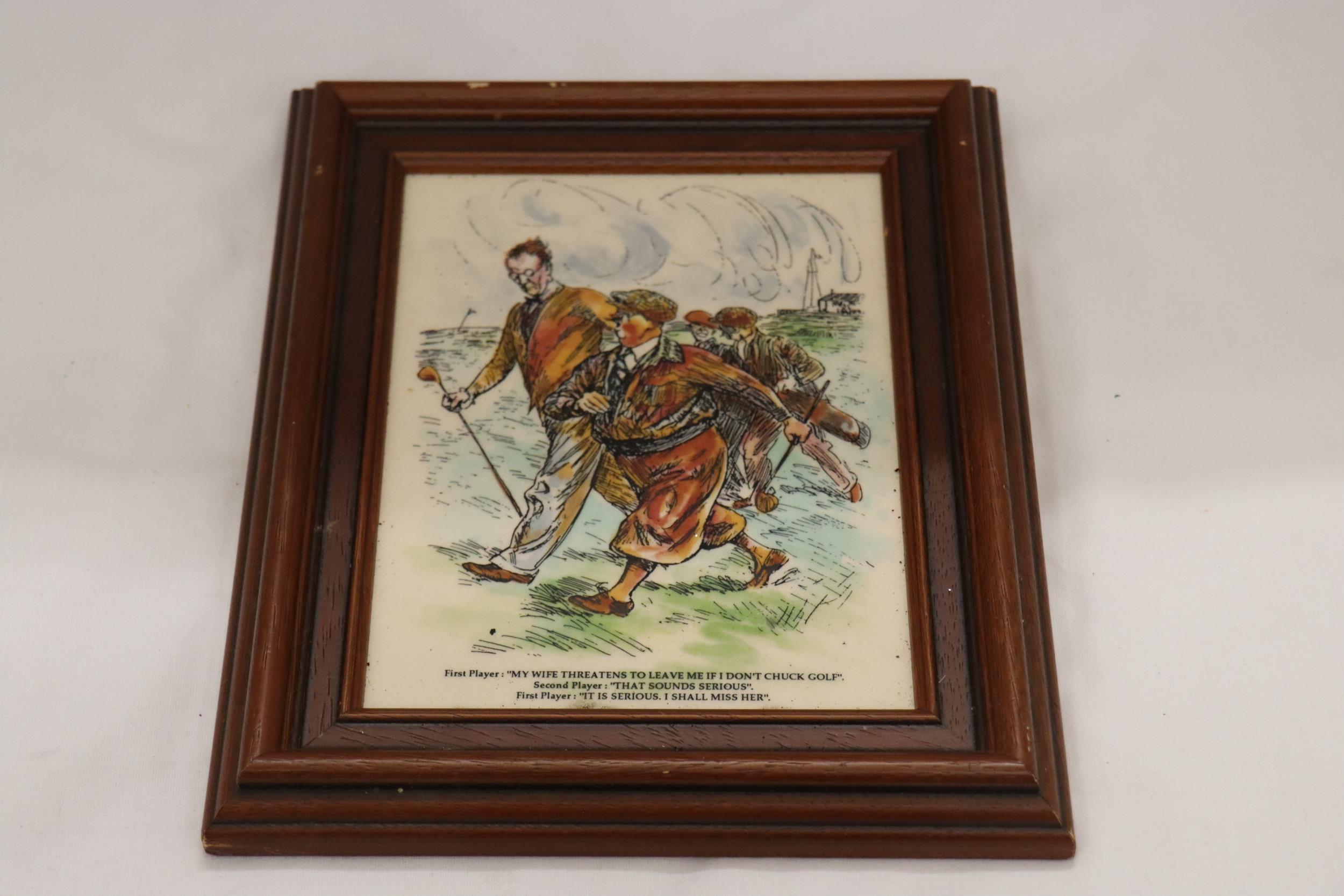 A 1930'S HUMOUROUS GOLF MOUNTED TILE
