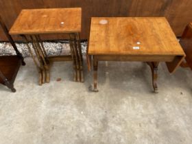 A YEW WOOD NEST OF THREE TABLES AND A MINIATURE YEW WOOD SOFA TABLE