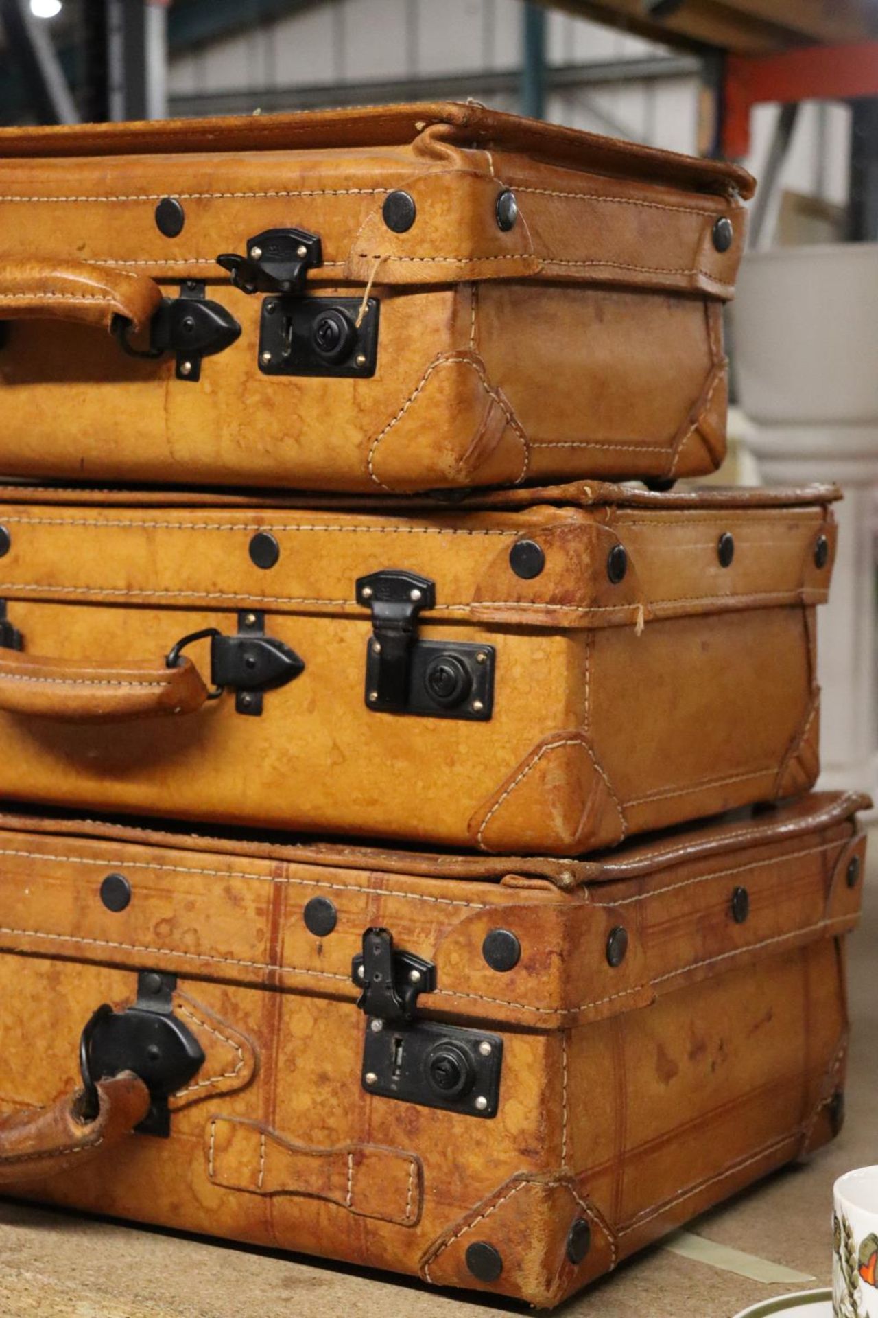 THREE VINTAGE STYLE LEATHER SUITCASES - Image 2 of 4