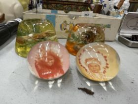 TWO SCOTTISH 1950'S LUCITE PAPERWEIGHTS PLUS TWO CANADIAN PAPERWEIGHTS