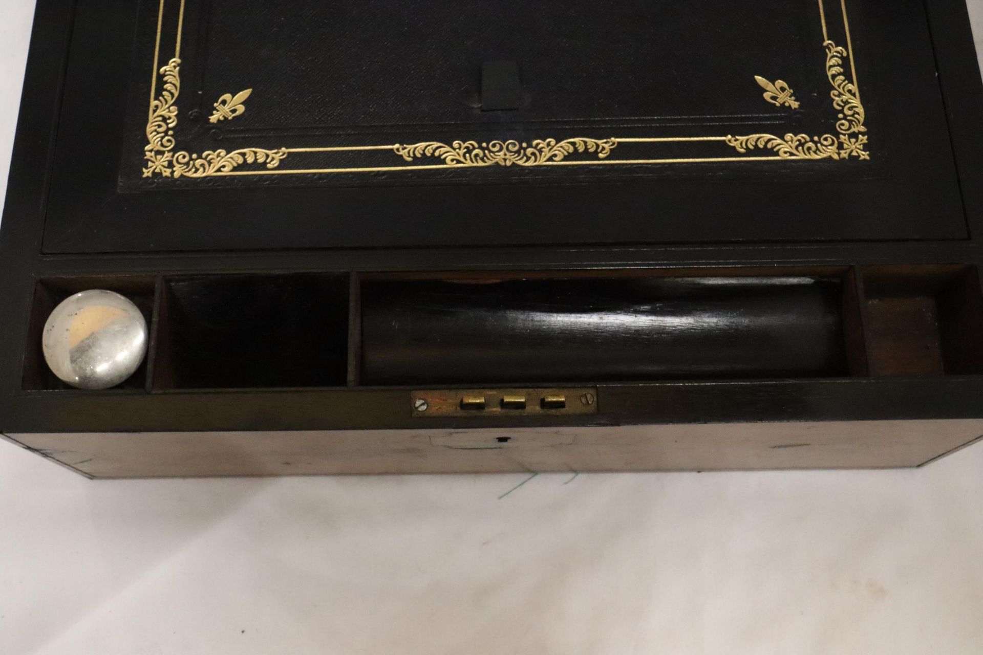 A BRASS BOUND WRITING BOX WITH SECRET DRAWERS, LEATHER TOOLED SLOPE WITH ONE INKWELL - Image 4 of 8