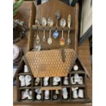 A QUANTITY OF COLLECTABLE THIMBLES AND SOUVENIR TEASPOONS WITH DISPLAY SHELVES