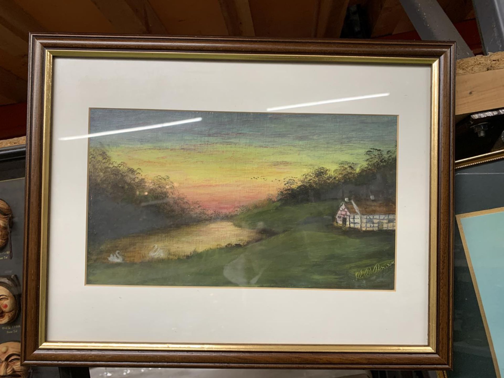 A PRINT OF A RACEHORSE PLUS A PAINTING OF A COTTAGE BY A RIVER AT SUNSET - Bild 2 aus 3
