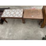 A RETRO TEAK COFFEE TABLE WITH TILED TOP AND WALNUT CROSSBANDED COFFEE TABLE ON CABRIOLE LEGS