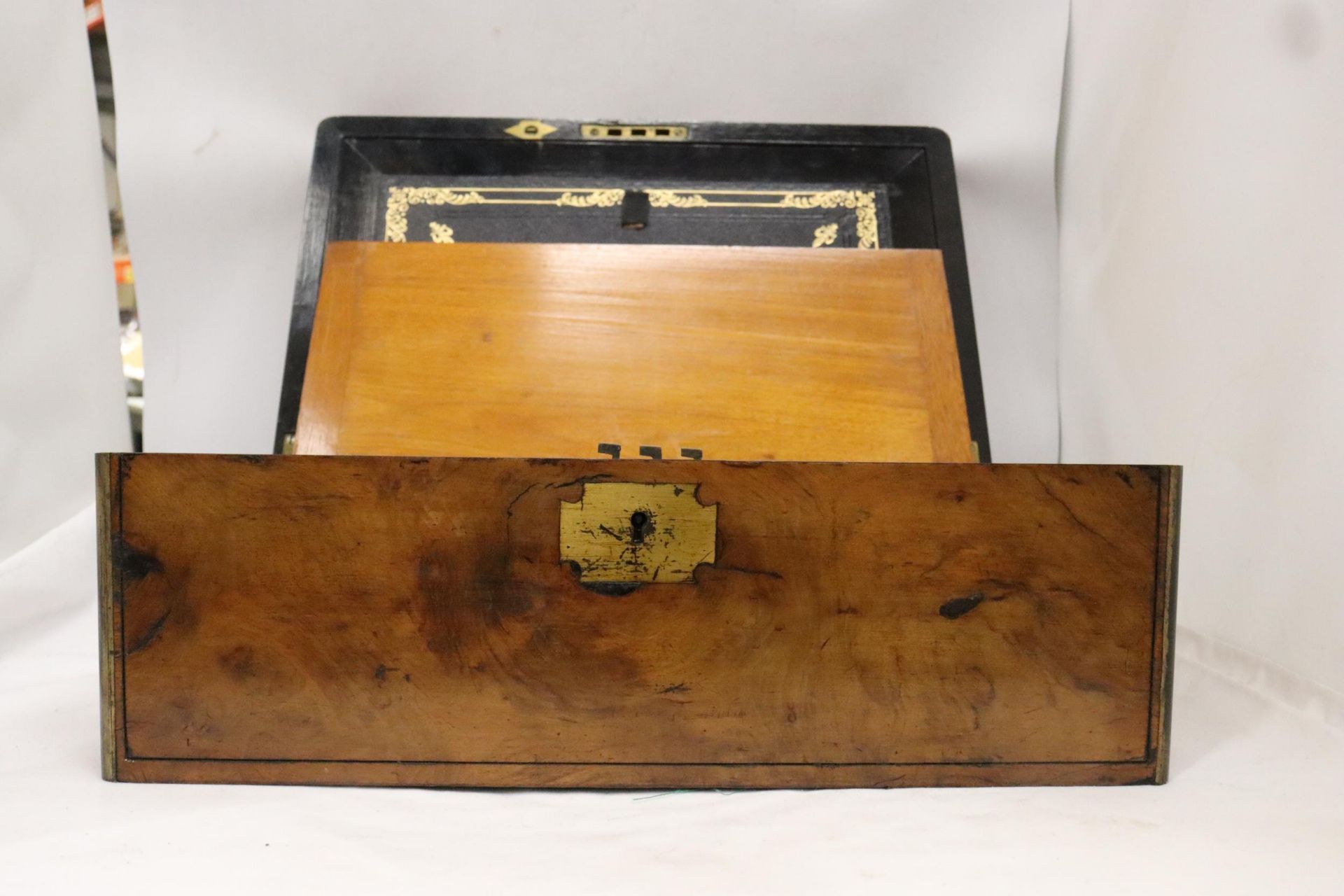 A BRASS BOUND WRITING BOX WITH SECRET DRAWERS, LEATHER TOOLED SLOPE WITH ONE INKWELL - Image 6 of 8