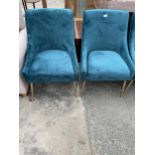 A PAIR OF TEAL VELVET LOUNGE CHAIR WITH GOLD COLOURED METALWARE LEGS