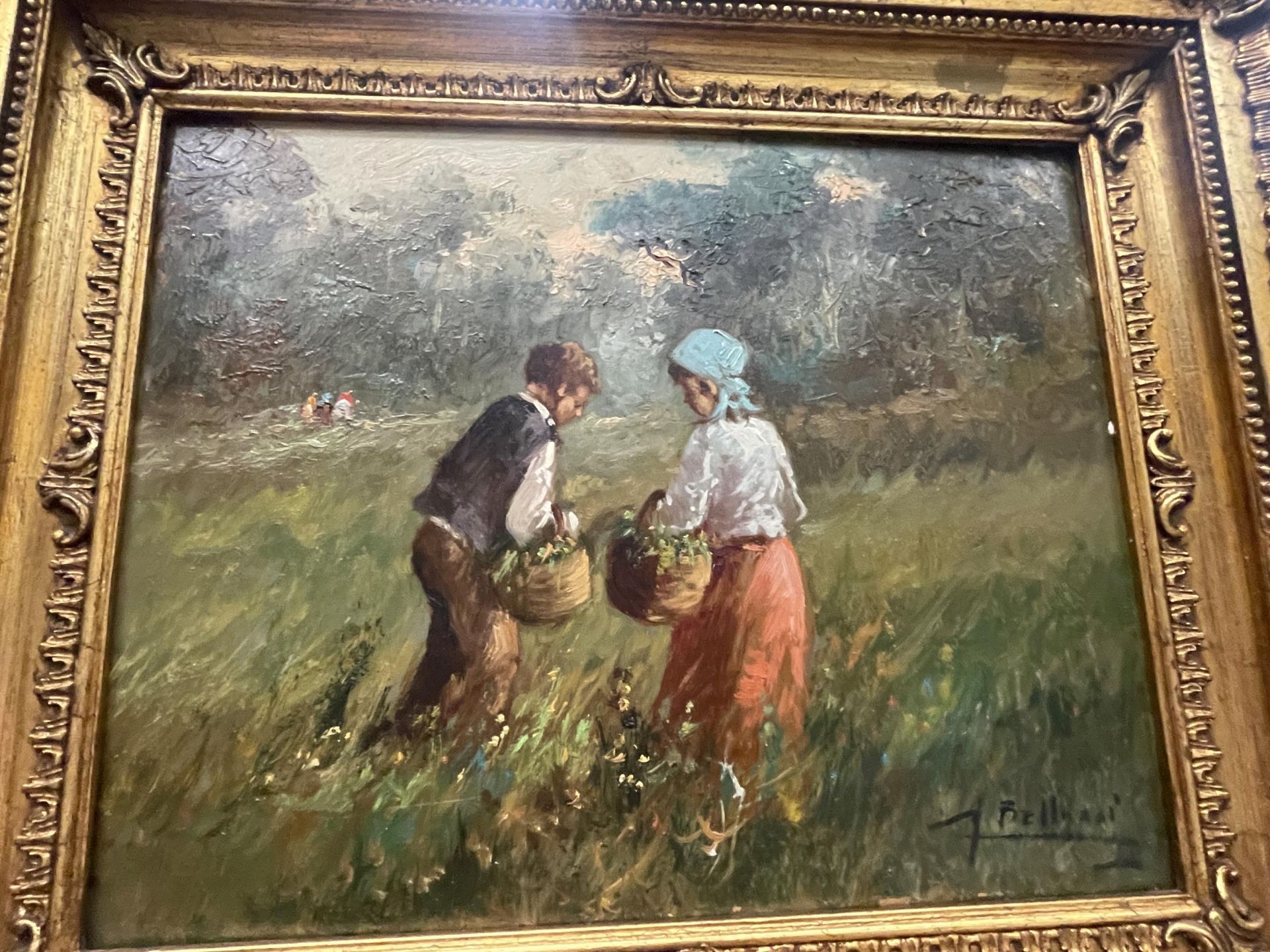 A GILT FRAMED OIL ON BOARD OF TWO CHILDREN BY A RIVER SIGNED 29.5CM X 23CM - Image 2 of 3