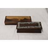 TWO VINTAGE BOXES TO INCLUDE ONE WITH A MARQUETRY IMAGE OF MOUNT FUJI