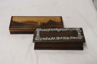 TWO VINTAGE BOXES TO INCLUDE ONE WITH A MARQUETRY IMAGE OF MOUNT FUJI