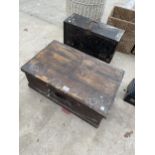 TWO VINTAGE WOODEN TOOL CHESTS WITH AN ASSORTMENT OF HAND TOOLS TO INCLUDE A BRACE DRILL AND HAMMERS