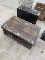 TWO VINTAGE WOODEN TOOL CHESTS WITH AN ASSORTMENT OF HAND TOOLS TO INCLUDE A BRACE DRILL AND HAMMERS