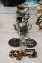 A MIXED LOT TO INCLUDE BRASS, SILVER PLATE, BEADS, ETC.,