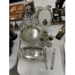 A QUANTITY OF SILVER PLATED ITEMS TO INCLUDE TRAYS, A CANDLEABRA, TOAST RACK, BUD VASES, SUGAR